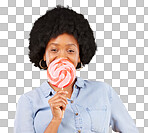 Sweets, candy and lollipop with black woman in studio for colorful, cheerful and positive. Young, happiness and dessert with female isolated on yellow background for treats, food and confectionary