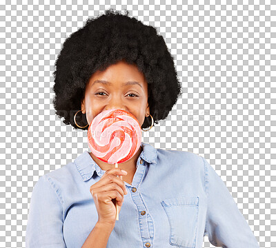 Sweets, candy and lollipop with black woman in studio for colorful, cheerful and positive. Young, happiness and dessert with female isolated on yellow background for treats, food and confectionary