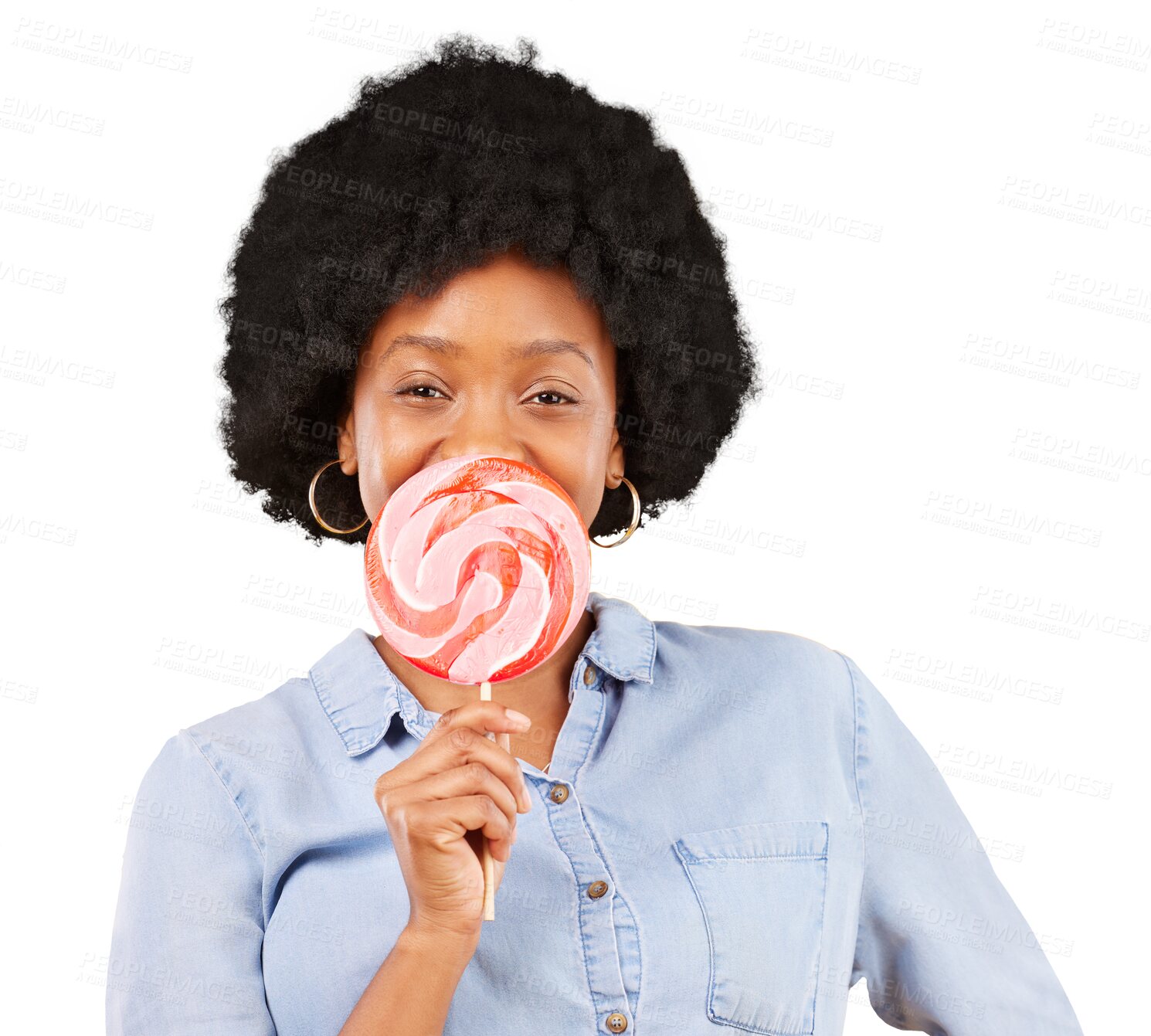 Buy stock photo Candy, cover and lollipop with black woman in portrait isolated on a transparent png background. Face, dessert and African person with sugar snack, hungry for sweets and eating confectionery food