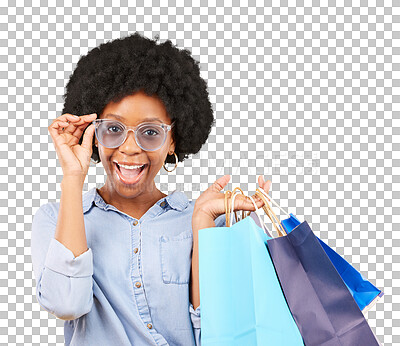 Buy stock photo Portrait, shopping bags and excited or a happy customer or woman for sale, discount or promotion. Black female person isolated on a transparent, png background with sunglasses, retail or wow surprise