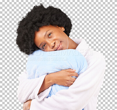 Sleepy, tired and a black woman hugging a pillow on a yellow background in studio at bed time. Relax, wake up and comfort with an attractive young female holding a cushion in the morning after rest