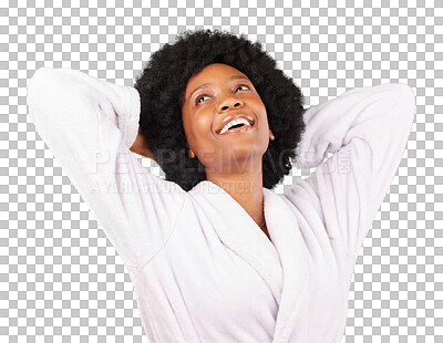 Buy stock photo Black woman relax, bathrobe and smile for spa treatment, luxury or self care isolated on a transparent PNG background. Happy young African female thinking or dreaming in facial skincare and wellness