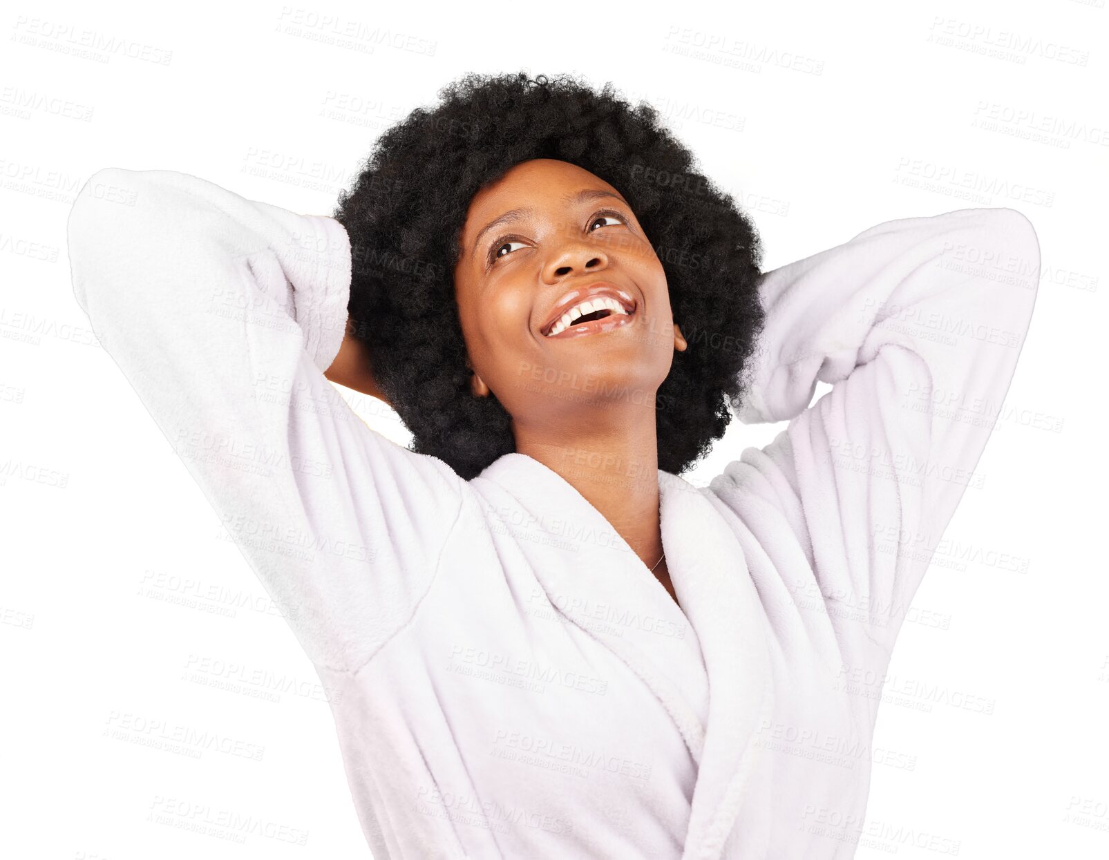 Buy stock photo Black woman relax, bathrobe and smile for spa treatment, luxury or self care isolated on a transparent PNG background. Happy young African female thinking or dreaming in facial skincare and wellness