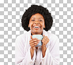 Happy, coffee and portrait of black woman in studio, waking up and smile on yellow background space. Face, relax and female with tea in bathrobe, satisfied and cheerful, stress relief and isolated