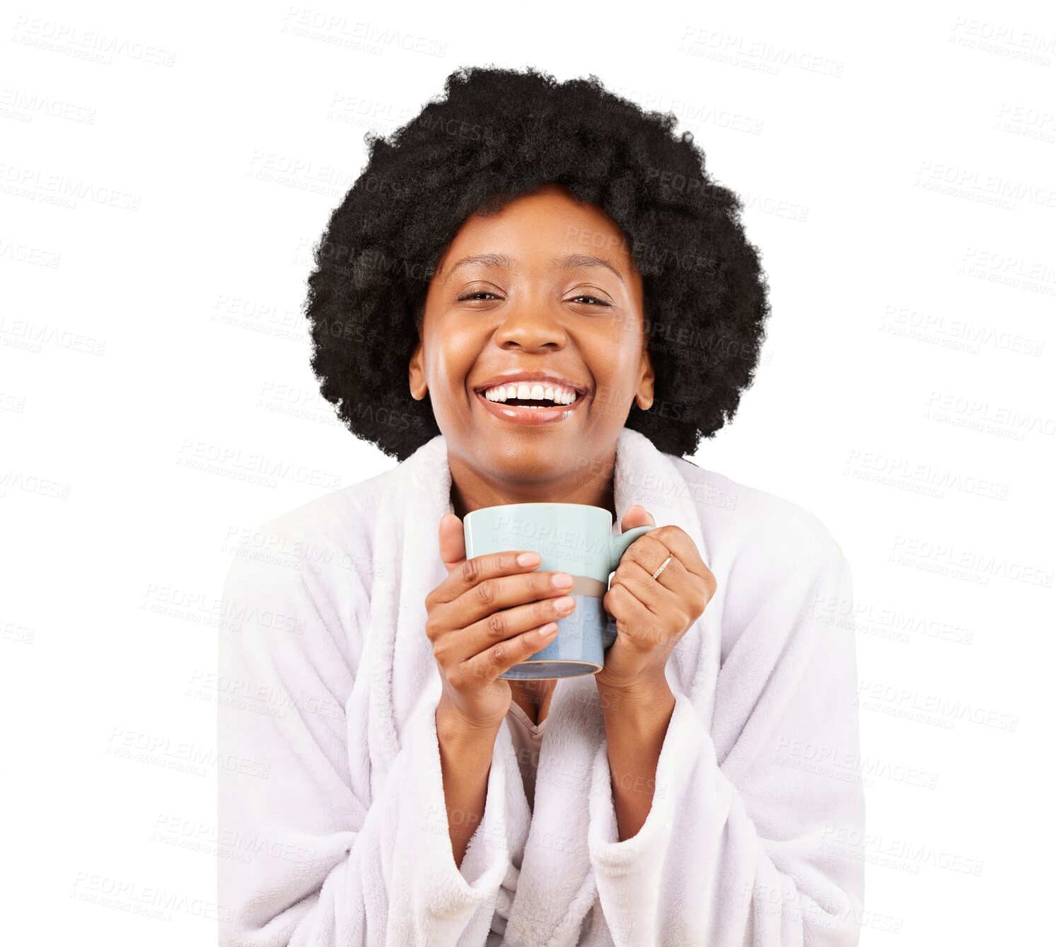 Buy stock photo Portrait, coffee and relax black woman in morning with gown and smile isolated on transparent or png background. Happy, calm and African person with tea in bathrobe, satisfied, peace and happiness