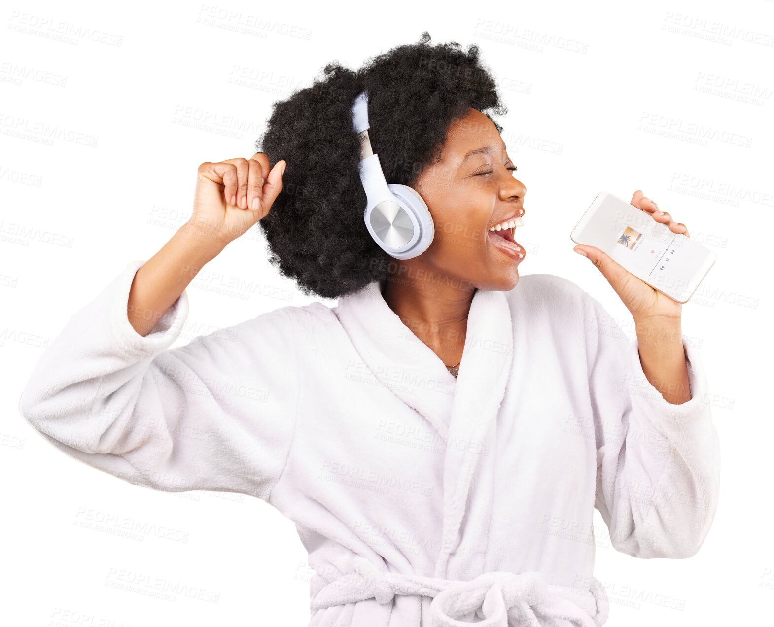 Buy stock photo Black woman, singing and happiness in bathrobe with phone isolated on a transparent PNG background. Singer, headphones or happy African female dancer with mobile smartphone for listening to music