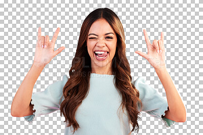 Buy stock photo Portrait, wink and woman with rock hand, smile and model isolated on a transparent background. Face, female person and girl with gesture, heavy metal expression and crazy with png and punk attitude