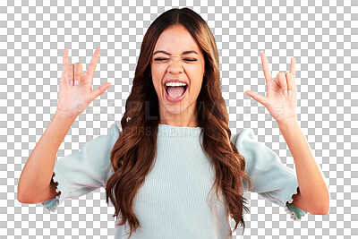 Buy stock photo Hand, sign and rock and roll for woman at music, concert or excited for culture festival on transparent, isolated or png background. Crazy, metal and gesture for sound of punk rocker, emoji or icon