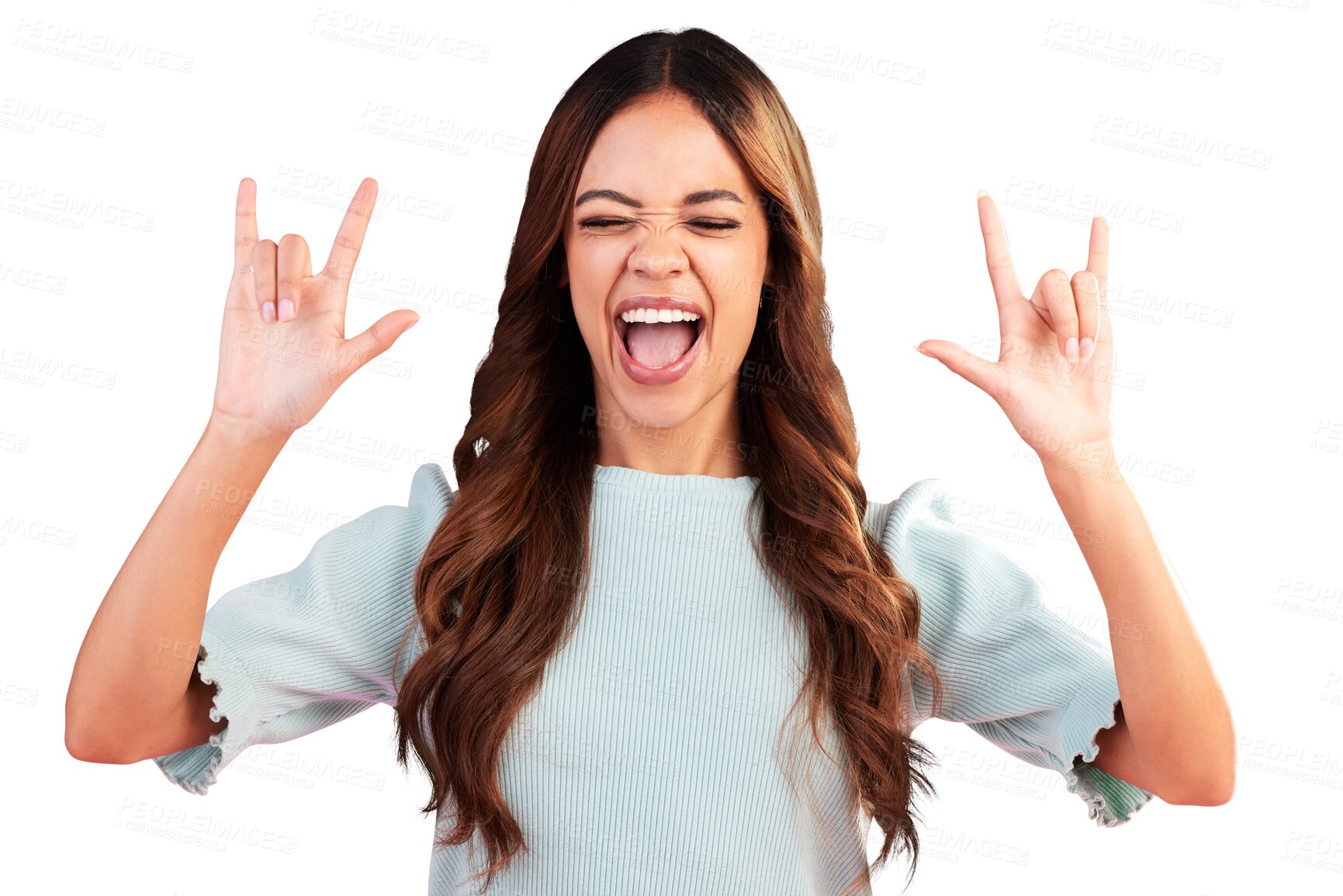 Buy stock photo Hand, sign and rock and roll for woman at music, concert or excited for culture festival on transparent, isolated or png background. Crazy, metal and gesture for sound of punk rocker, emoji or icon