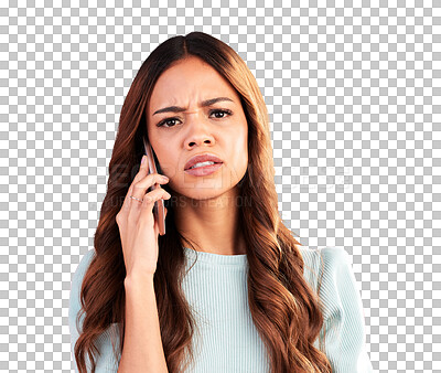 Buy stock photo Phone call, confused and annoyed with portrait of woman on png for news, doubt and problem. Frustrated, conflict and disappointed with person isolated on transparent background for communication