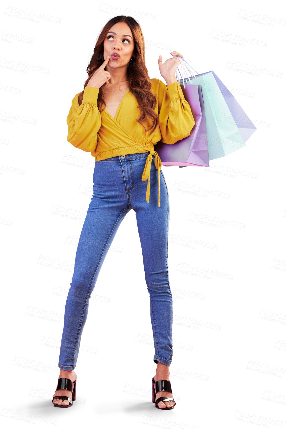 Buy stock photo Sale, retail and thinking with woman and shopping bag on png for luxury, boutique and fashion. Cosmetics, deal and store with customer isolated on transparent background for product and freedom