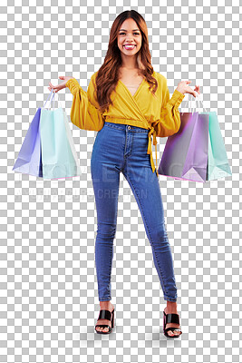 Buy stock photo Portrait, retail or smile for woman and shopping bag on png in luxury, boutique or fashion. Clothes, deal and store discount for customer isolated on transparent background for product, happy or sale
