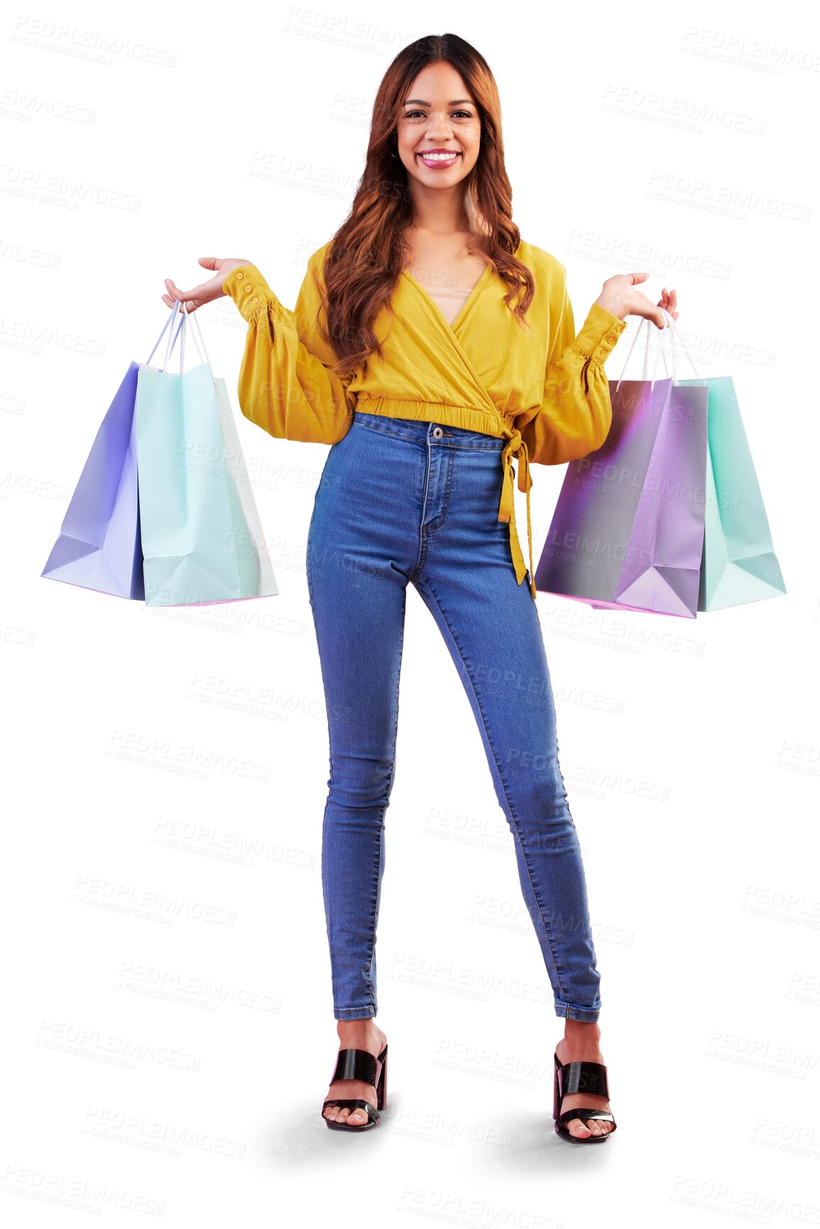 Buy stock photo Portrait, retail or smile for woman and shopping bag on png in luxury, boutique or fashion. Clothes, deal and store discount for customer isolated on transparent background for product, happy or sale