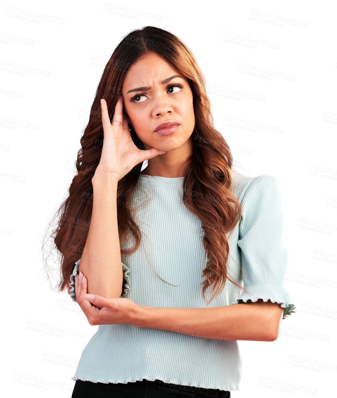 Buy stock photo Thinking, stress and woman confused isolated on transparent png background with hand on head. Mental health, doubt and ideas, frustrated model brainstorming problem, brain fog and planning solution.