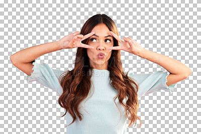 Buy stock photo Peace sign, emoji hands and woman with beauty, expression and happiness isolated on a transparent background. Face, female person and model with v symbol, pout and humor with png, silly and goofy