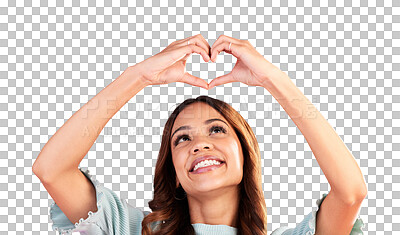 Happy, heart hands and smile with woman in studio for romance, positive and kindness. Love, support and emoji with female and shape isolated on pink background for emotion, hope and gesture