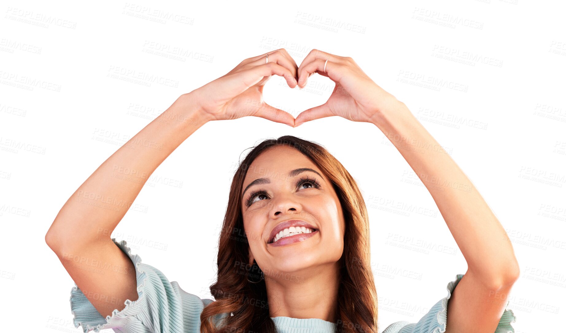 Buy stock photo Happy, face and heart with hands of woman for care, kindness or charity donation isolated on transparent png background. Female model smile with finger, love sign and icon of like, emoji or thank you