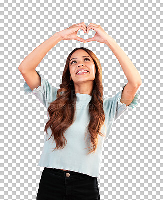 Happy, heart hands and shape with woman in studio for romance, positive and kindness. Love, support and emoji with female and smile isolated on pink background for emotion, hope and gesture