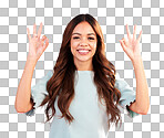 Portrait, studio and woman with a perfect hand gesture, excitement and positive face expression. Happy, smile and young female model from Colombia with a ok sign language isolated by pink background.