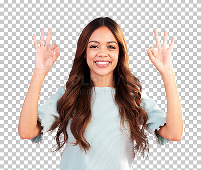 Buy stock photo Okay, sign and success with portrait of woman on png for like, support and motivation. Yes, emoji and agreement with face of person isolated on transparent background for excited opinion with a smile