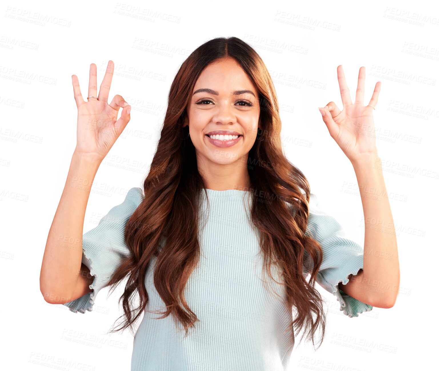 Buy stock photo Okay, sign and success with portrait of woman on png for like, support and motivation. Yes, emoji and agreement with face of person isolated on transparent background for excited opinion with a smile