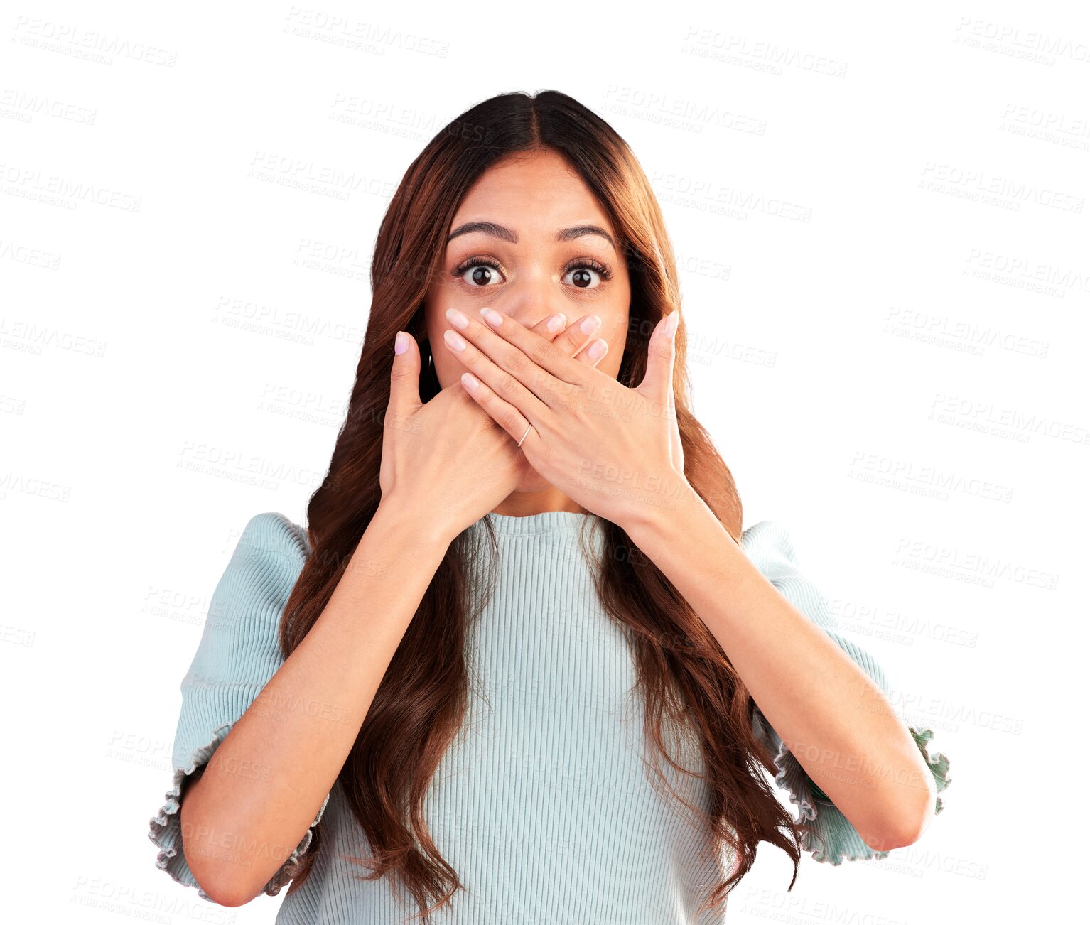 Buy stock photo Portrait, surprise or woman shocked by secret story isolated on transparent on png background. Wow, wtf or mind blown face of person covering mouth with hands for gossip, omg expression or fake news