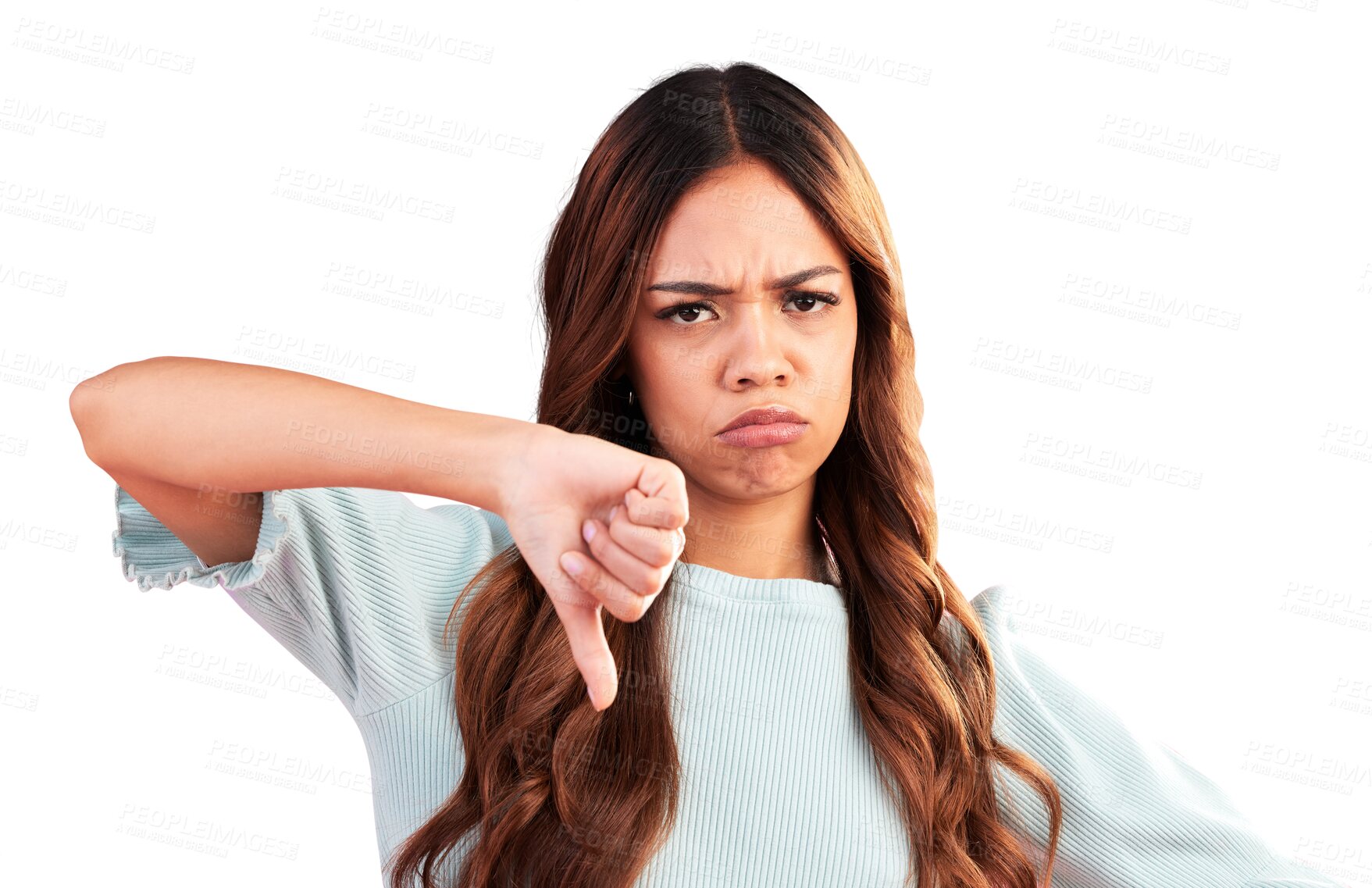 Buy stock photo Angry, thumbs down and portrait of woman for fail, wrong and isolated on a transparent png background. Sad, dislike hand sign and face of person with emoji for negative review, feedback and bad vote