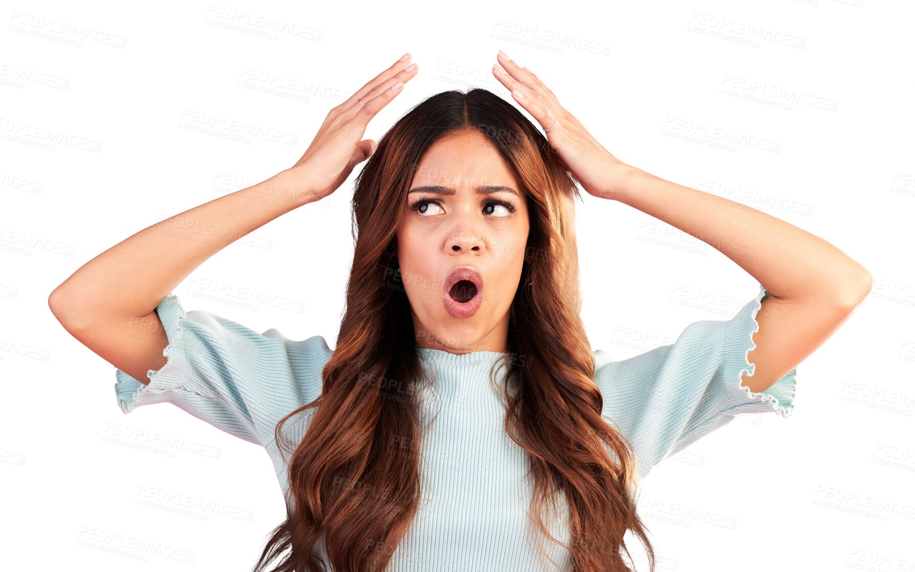 Buy stock photo Confused, wow and woman mind blown by gossip on isolated, transparent and png background. Wtf, worry and female with surprise news, doubt or emoji reaction to unexpected drama, conflict or oops fail