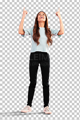 Buy stock photo Commercial, pointing up or happy woman excited by a sale, deal or offer isolated on transparent png background. Full body, smile or person advertising product discount, promotion or logo announcement