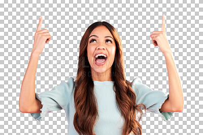 Buy stock photo Excited, pointing up or happy woman for a sale, deal or discount isolated on transparent png background. Advertising, smile or person showing product placement, promotion offer or retail announcement