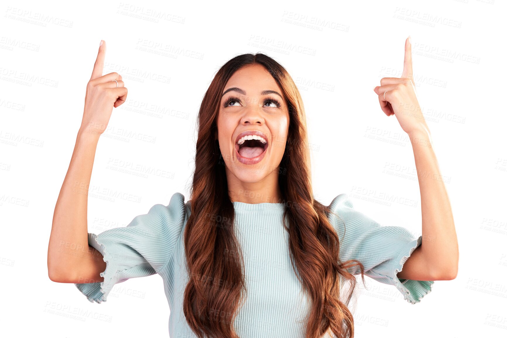 Buy stock photo Excited, pointing up or happy woman for a sale, deal or discount isolated on transparent png background. Advertising, smile or person showing product placement, promotion offer or retail announcement