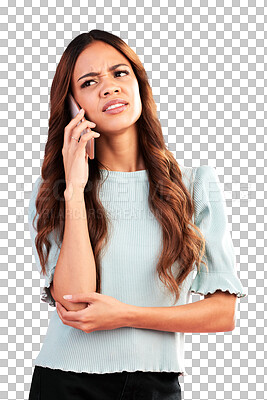 Buy stock photo Contact, confused and annoyed with woman and phone call on png for news, doubt and problem. Frustrated, conflict and disappointed with person isolated on transparent background for communication