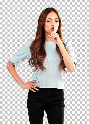 Buy stock photo Secret, wink and portrait of woman with finger on lips isolated on a transparent png background for privacy, drama and deal. Female model, silence and gossip for mystery, emoji and confidential news 
