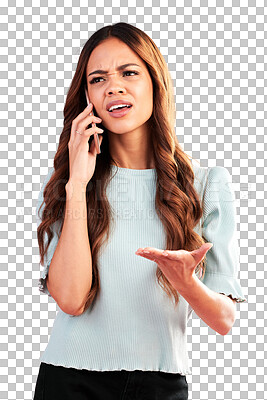 Buy stock photo Phone call, confused and frustrated with portrait of woman on png for news, doubt and problem. Annoyed, conflict and disappointed with person isolated on transparent background for communication
