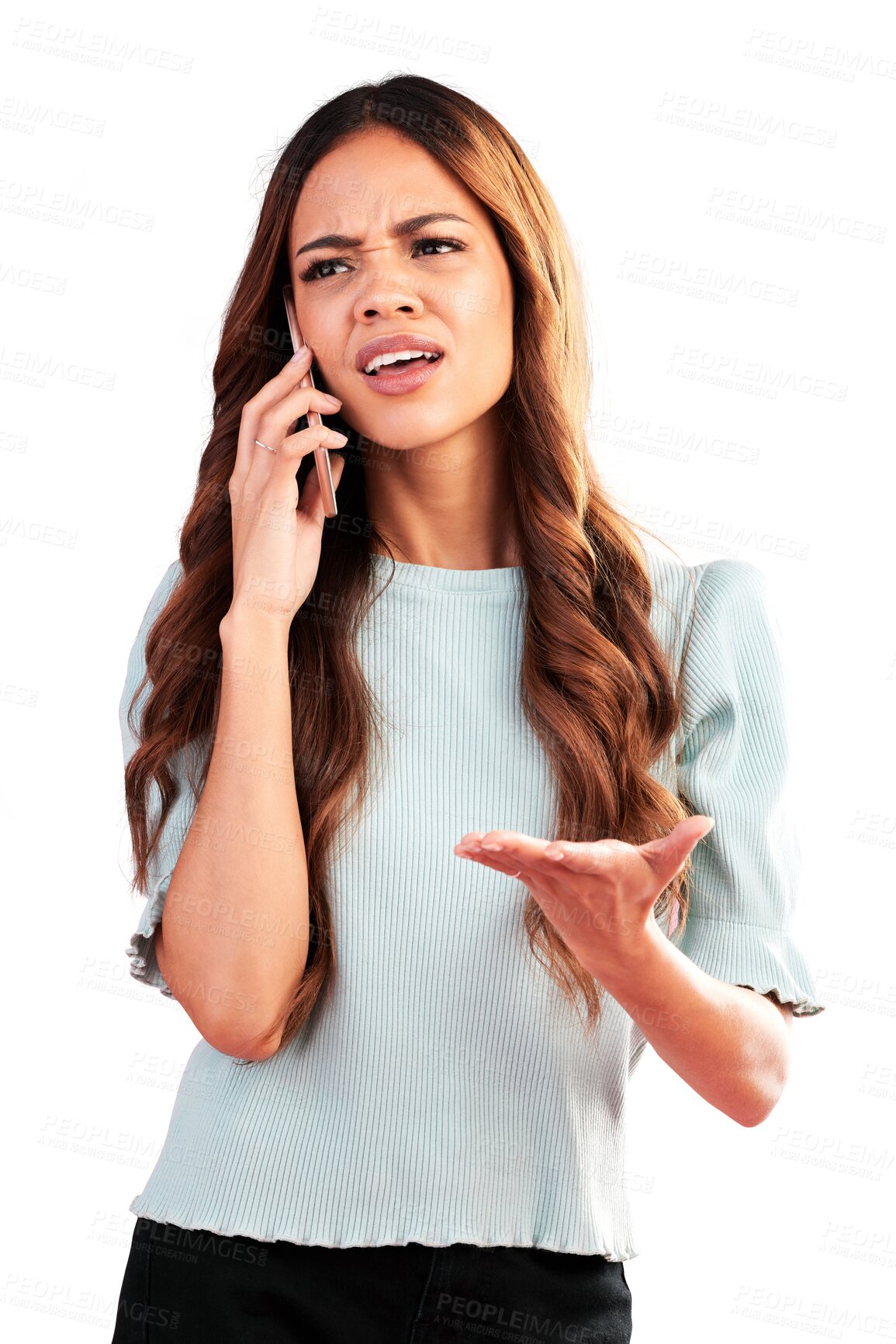 Buy stock photo Phone call, confused and frustrated with portrait of woman on png for news, doubt and problem. Annoyed, conflict and disappointed with person isolated on transparent background for communication