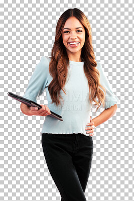 Buy stock photo Portrait, tablet and happy business woman on isolated, transparent and png background. Face, smile and female manager online with checklist, schedule or project, plan or digital schedule management