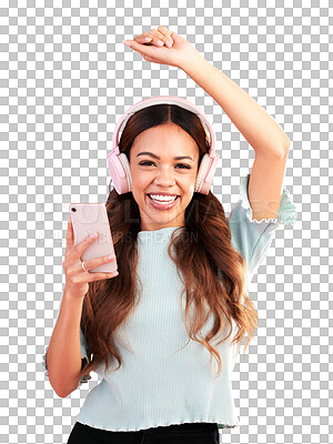 Buy stock photo Woman, portrait and dance with cellphone, headphones and fun music isolated on a transparent png background. Happy model, dancing and listening to mobile radio, streaming sound and audio for freedom 