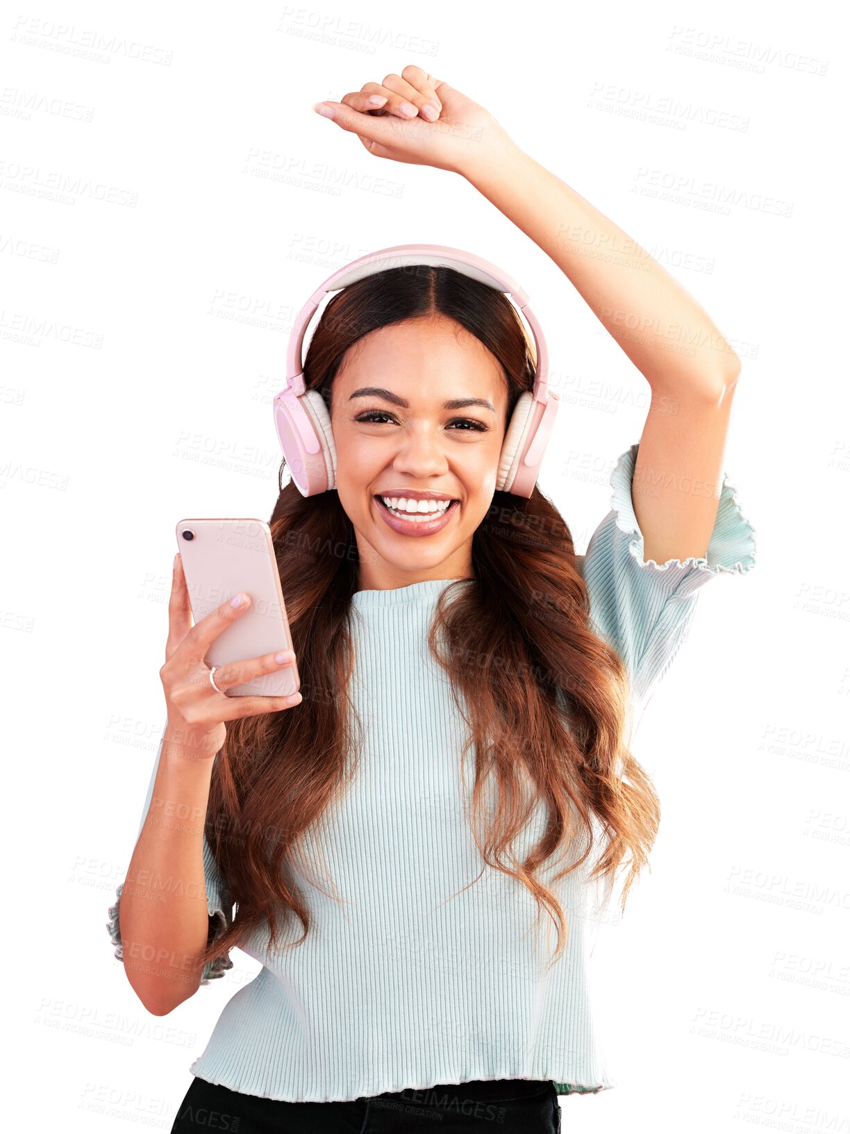 Buy stock photo Woman, portrait and dance with cellphone, headphones and fun music isolated on a transparent png background. Happy model, dancing and listening to mobile radio, streaming sound and audio for freedom 
