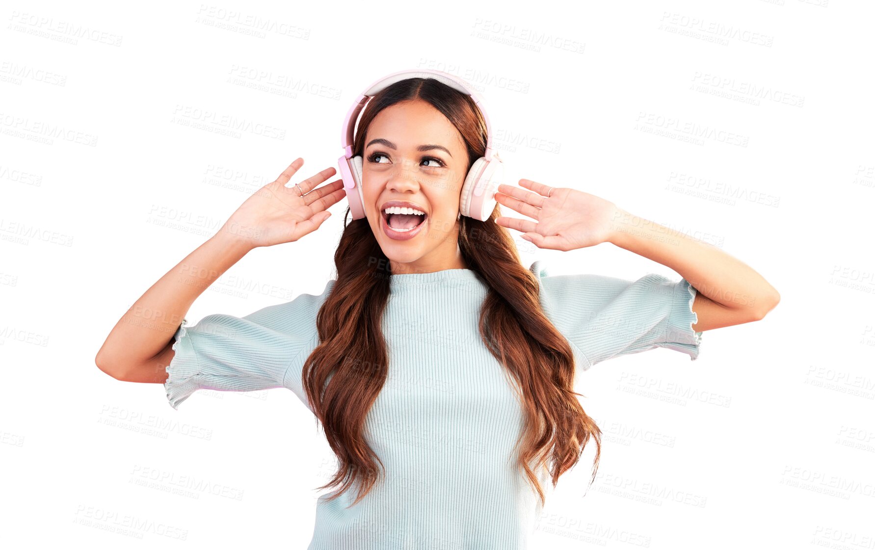 Buy stock photo Woman, headphones and dance for singing, music and isolated on a transparent png background. Happy model, singer and listening to audio, streaming sound and celebrate party with radio, podcast or fun