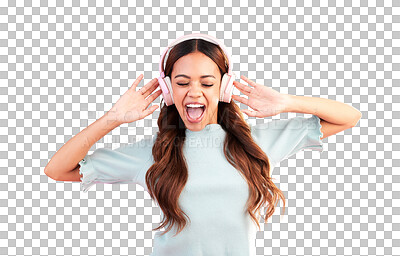 Music headphones, singing and woman dance in studio isolated on a pink background. Singer, dancing and happy mixed race female streaming, enjoying and listening to audio, sound track or radio podcast