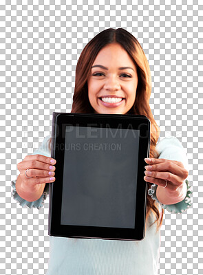Buy stock photo Woman, portrait and smile with tablet mockup, screen and presentation of information isolated on transparent png background. Happy female model advertising brand space on digital tech for newsletter