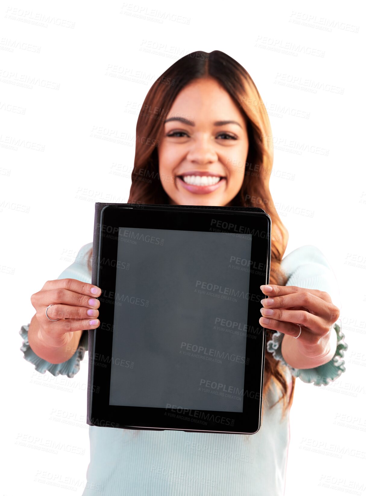 Buy stock photo Woman, portrait and smile with tablet mockup, screen and presentation of information isolated on transparent png background. Happy female model advertising brand space on digital tech for newsletter