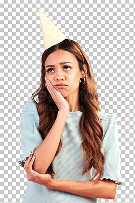 Sad, birthday and hat with woman in studio for party celebration, upset and annoyed. Alone, disappointed and failure with female isolated on pink background for moody, difficulty and frustrated