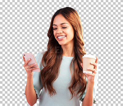 Phone, coffee and smile of happy woman in studio isolated on a pink background. Tea, cellphone and mixed race female with smartphone for social media, funny meme or comic joke, web browsing and text.