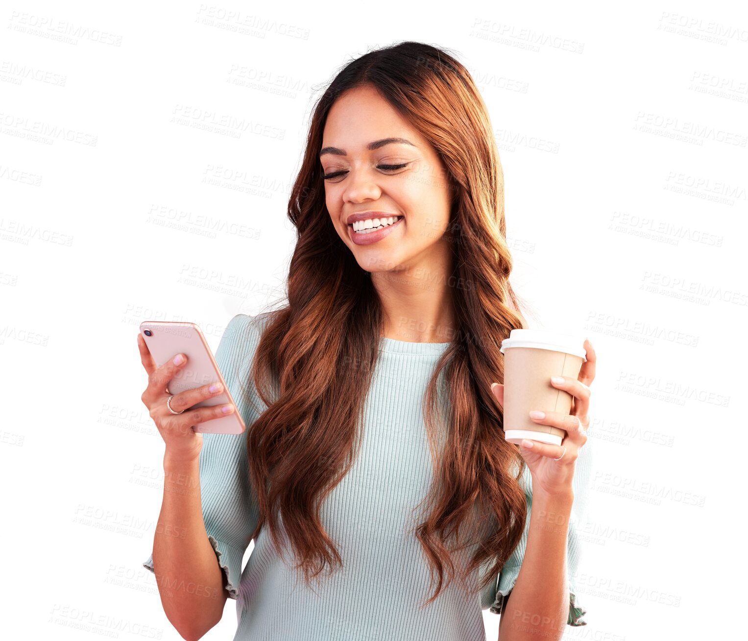 Buy stock photo Phone, coffee and happy woman on search online or internet isolated in a transparent or png background. App, smartphone and female person smile for communication, subscription on website