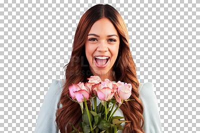 Buy stock photo Portrait, excited or happy woman with bouquet of flowers for valentines day, romance or anniversary. Face, smile or female person with roses gift or pink plants isolated on transparent png background