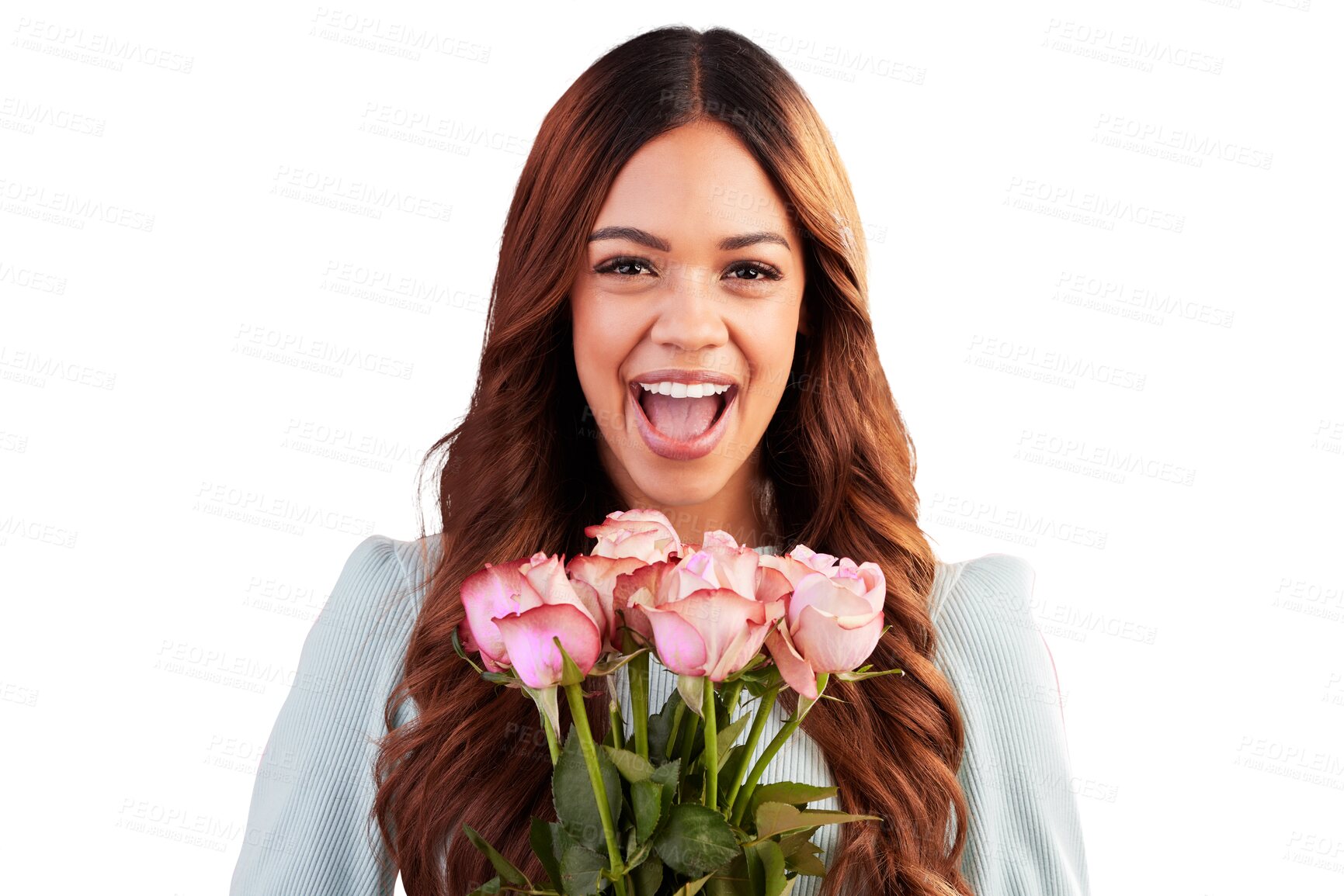 Buy stock photo Portrait, excited or happy woman with bouquet of flowers for valentines day, romance or anniversary. Face, smile or female person with roses gift or pink plants isolated on transparent png background