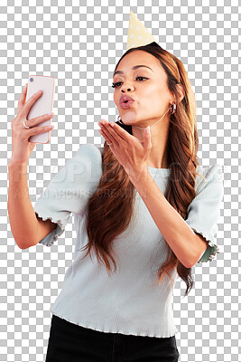 Buy stock photo Birthday, selfie and kiss by woman on social media, online or internet isolated in a transparent or png background. Celebrate, smartphone and female person smile for party, event or happiness