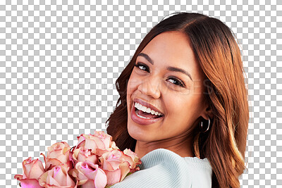 Buy stock photo Portrait, smile or happy woman with bouquet of flowers for valentines day, romance or anniversary. Face, excited or female person with roses gift or pink plants isolated on transparent png background
