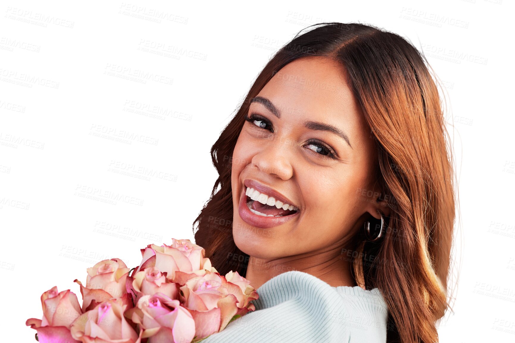 Buy stock photo Portrait, smile or happy woman with bouquet of flowers for valentines day, romance or anniversary. Face, excited or female person with roses gift or pink plants isolated on transparent png background